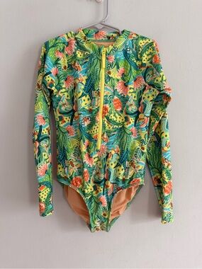 Crewcuts Tropical Print One Piece Long Sleeve Rash Guard